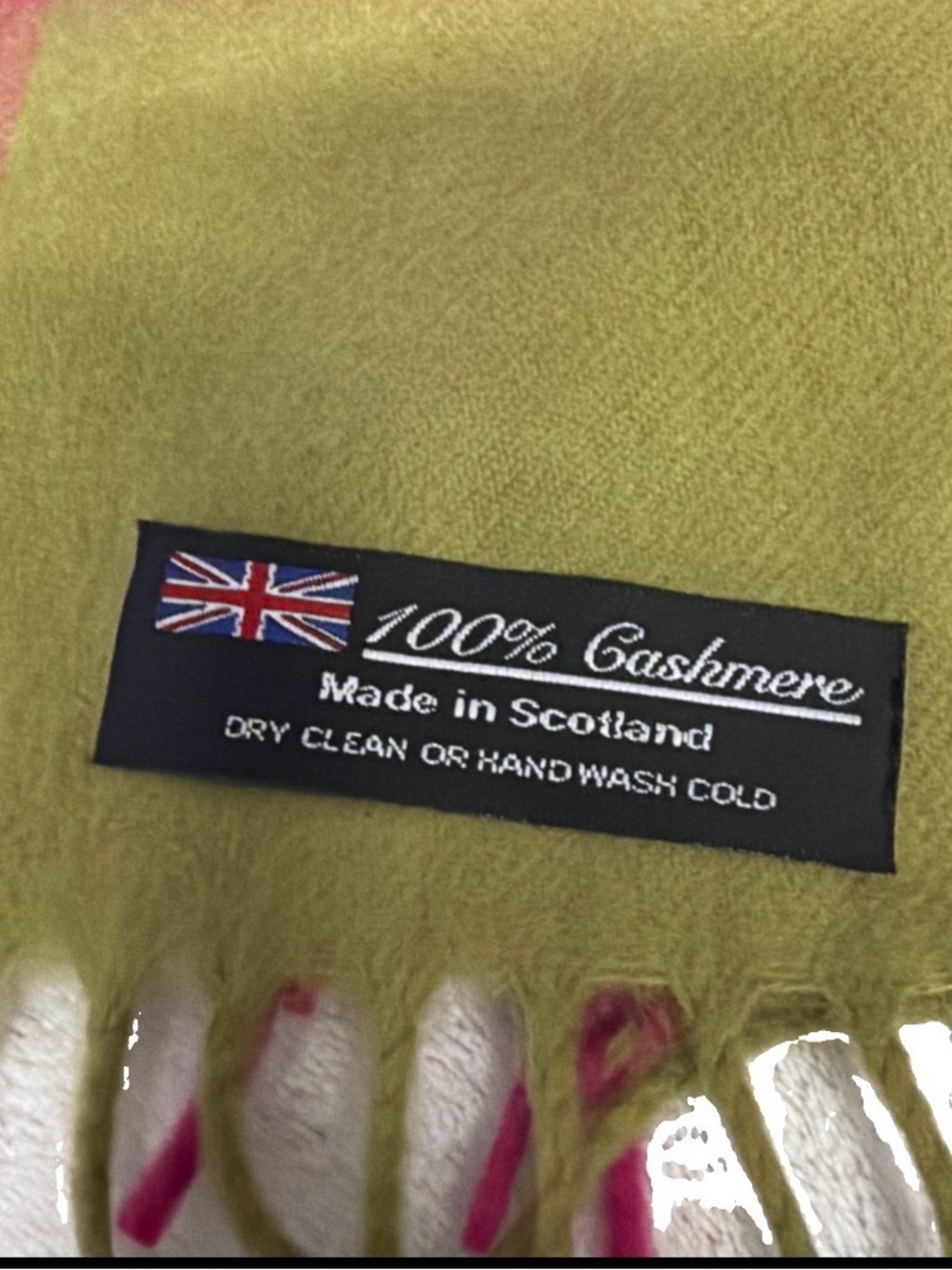 100% Cashmere Scarf - made in Scotland Olive Green with Pink Accents